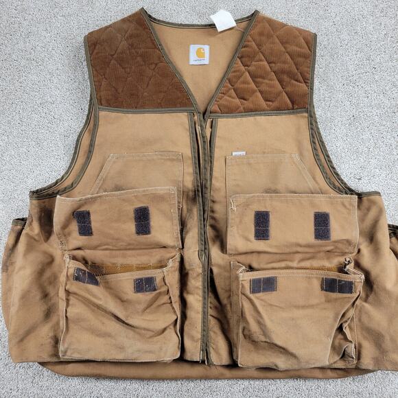 VINTAGE Carhartt Men's Duck Hunting Vest 2XL Brown V Neck Pockets Zip Outdoor - Picture 11 of 16
